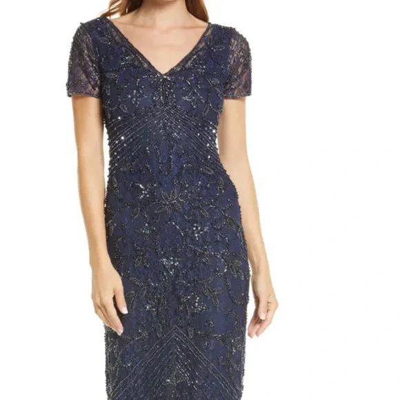Pisarro Nights Beaded Lace Short Sleeve Gown in Navy at Nordstrom, Size 6 Pisarro Nights Beaded Lace Short Sleeve Gown in Navy at Nordstrom, Size 6